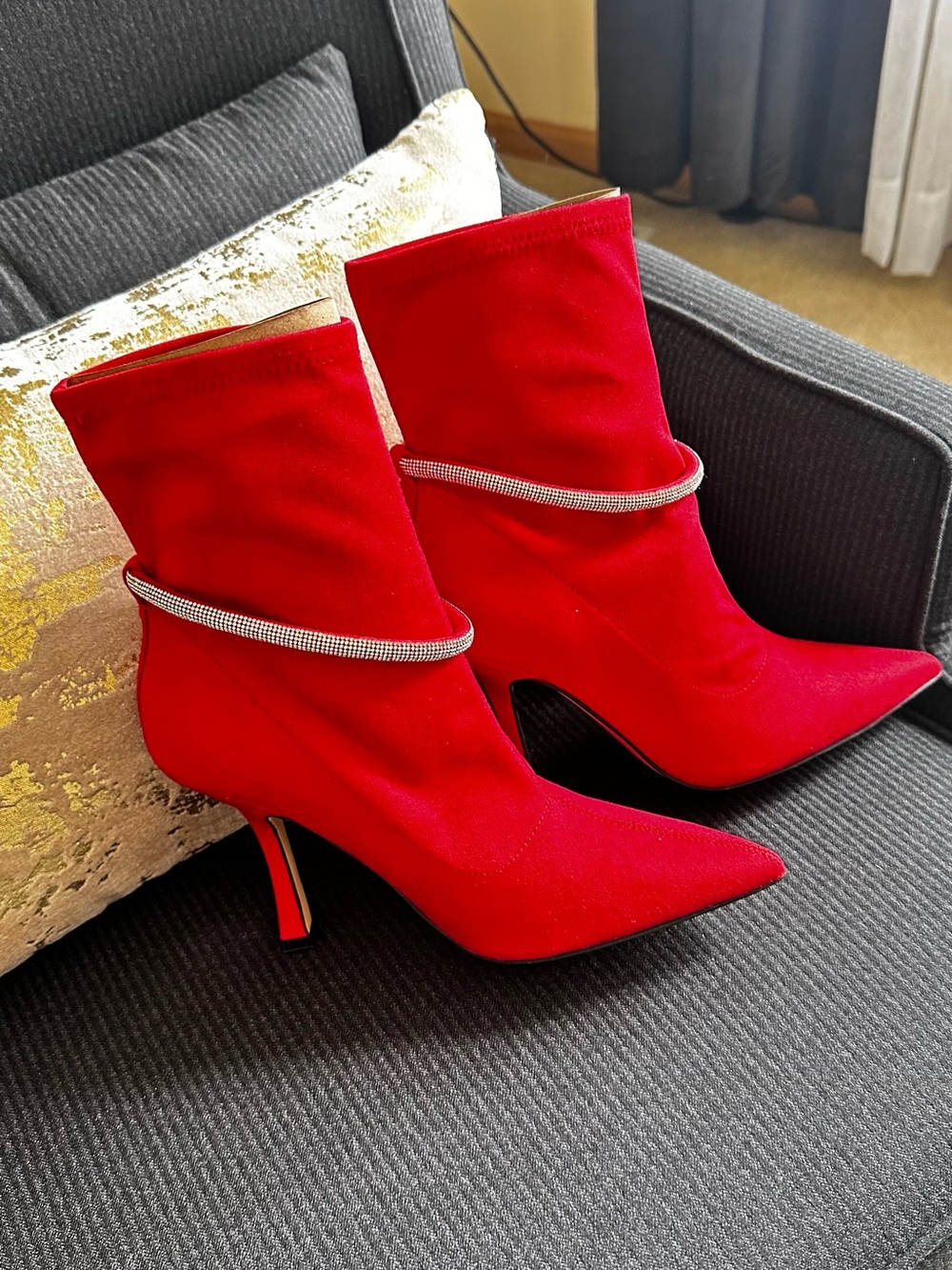 Nine West Red Pointed Toe Stiletto Ankle Boots with Crystal Wrap